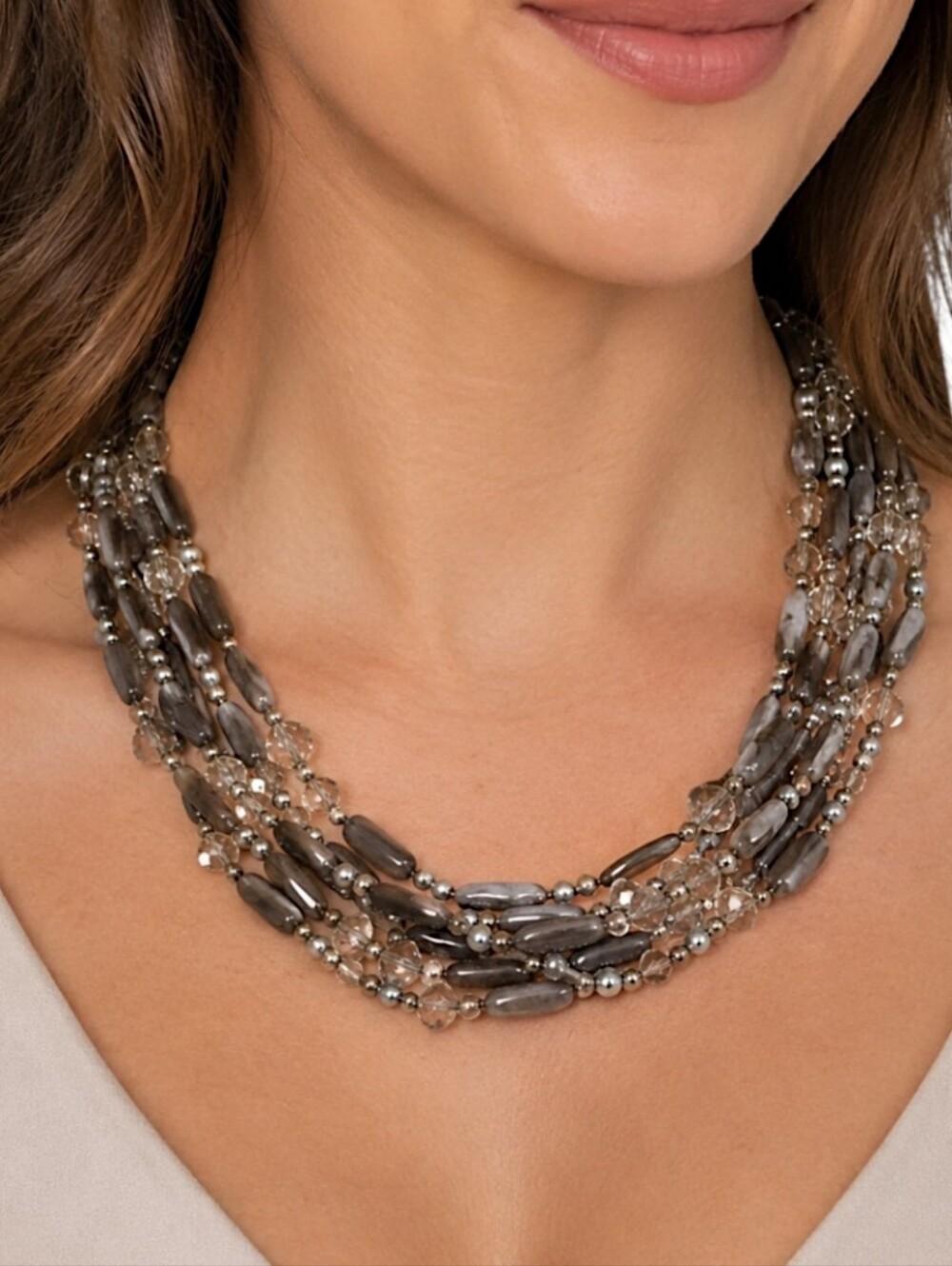 Multi Strand Beaded Necklace Silver Crystal Glass Sparkly Gray Statement Layered